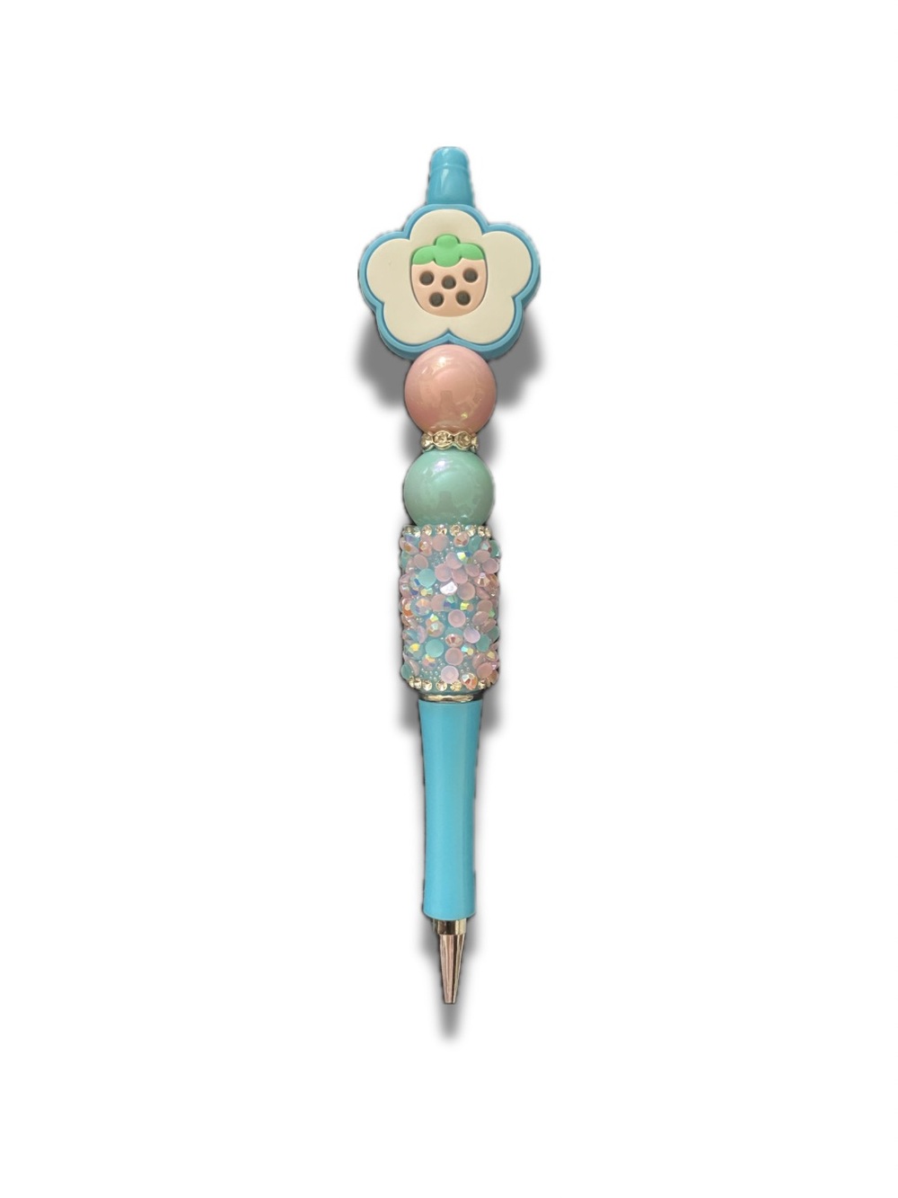 Blue Floral Strawberry Accent Bead Ballpoint Pen